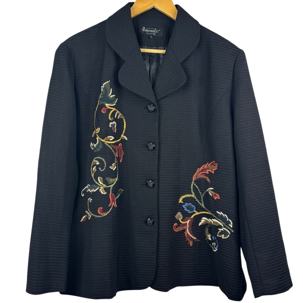 Amanda Collection Black Textured Floral Embroidery Detailed 4 Button Blazer XL